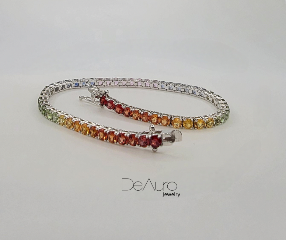 PULSERA DE TENIS DE ORO BLANCO CON ZAFIROS MULTICOLOR