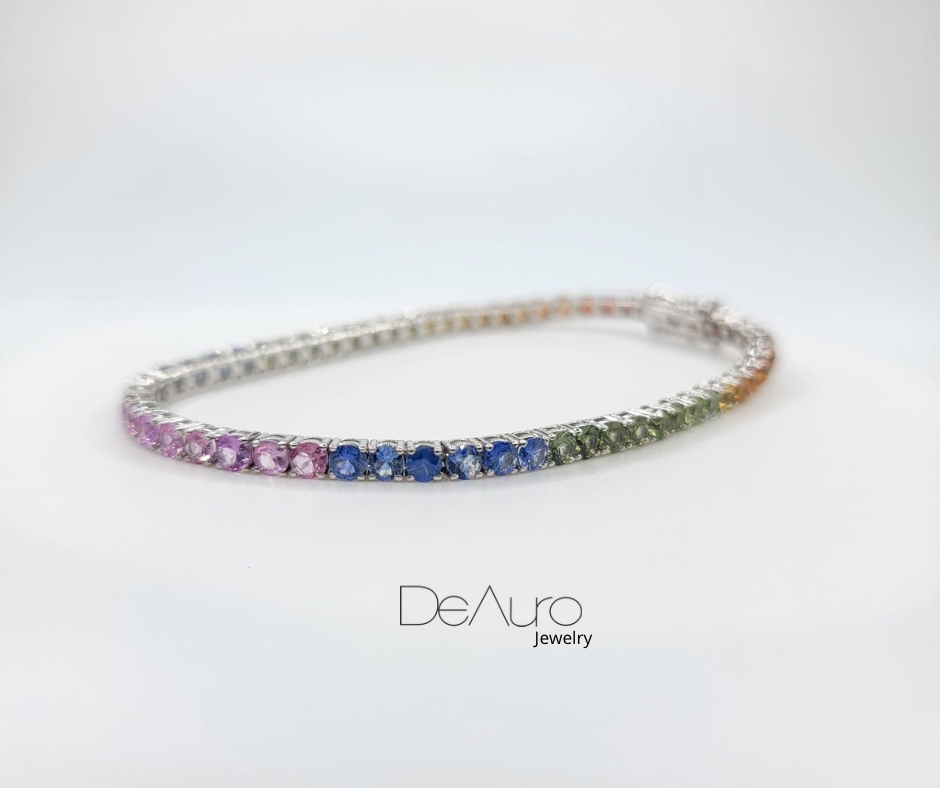 PULSERA DE TENIS DE ORO BLANCO CON ZAFIROS MULTICOLOR